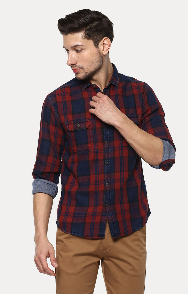 Spykar Men'S Blue Cotton Checked Casual Shirts