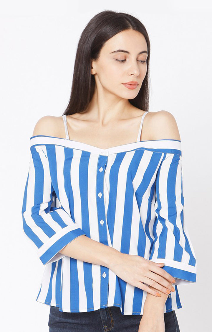 Spykar Slim Fit Blue Cotton Women Off Shoulder Stripe Top