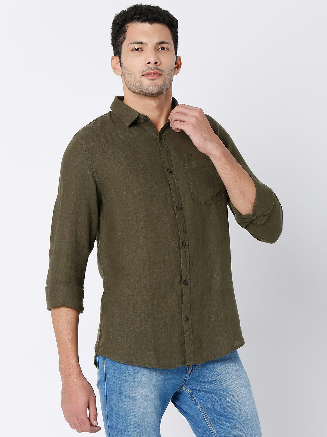 Spykar Men Green Cotton Full Sleeve Plain Shirt