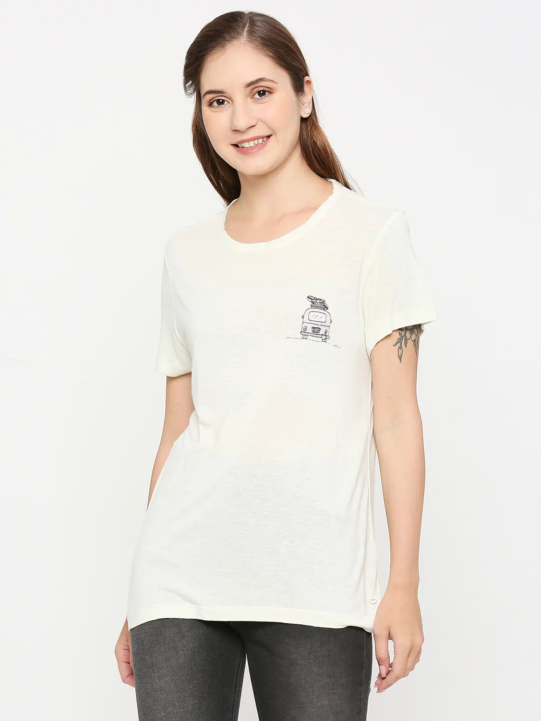 Spykar Women White Cotton Slim Fit Round Neck Plain Tshirt