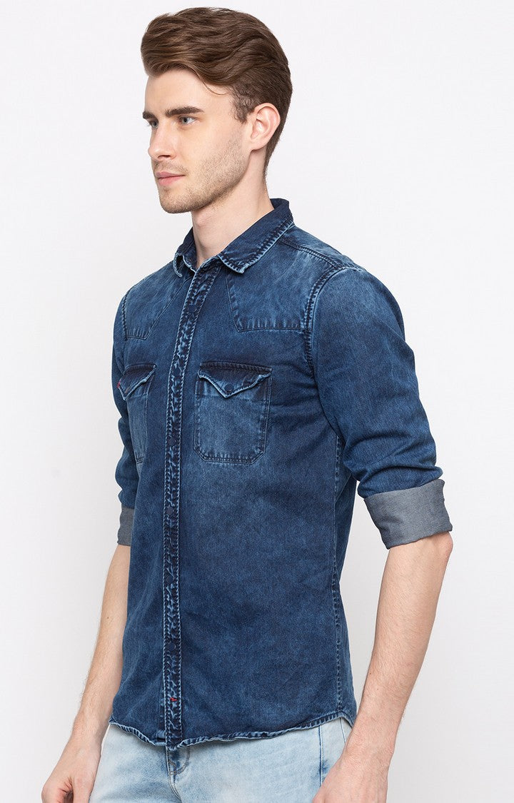 Spykar Men'S Blue Cotton Solid Casual Shirts