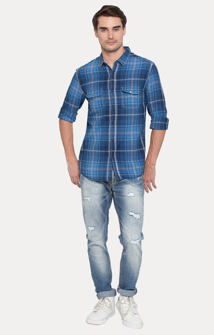 Spykar Men'S Blue Cotton Checked Casual Shirts