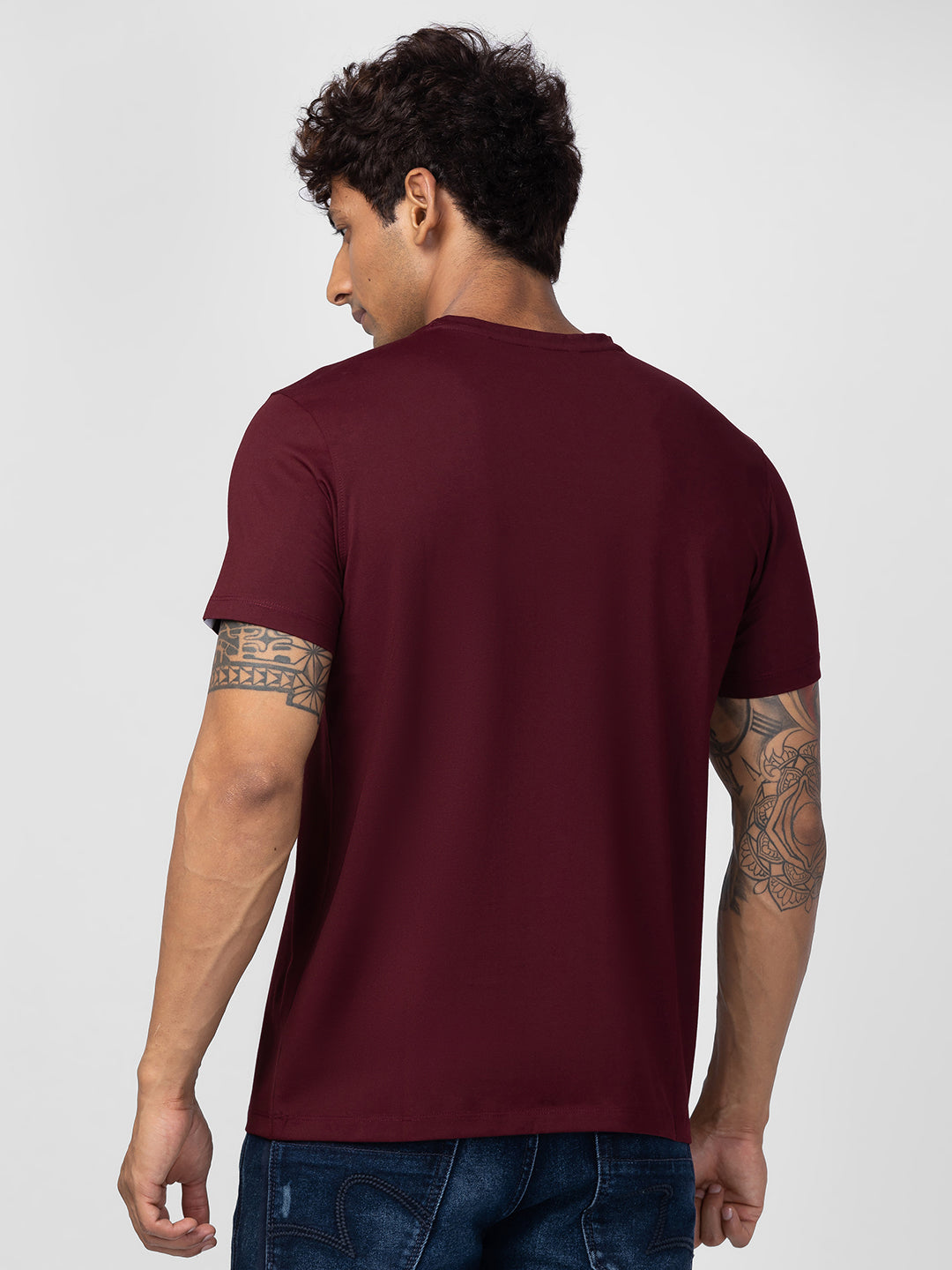 Spykar Men Wine Cotton Regular Fit Half Sleeve Printed T-Shirt