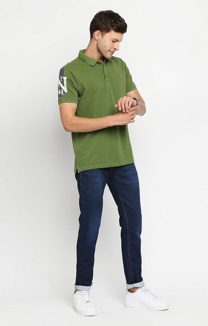 Spykar Men Green Cotton Slim Fit Round Neck Polo T-Shirt