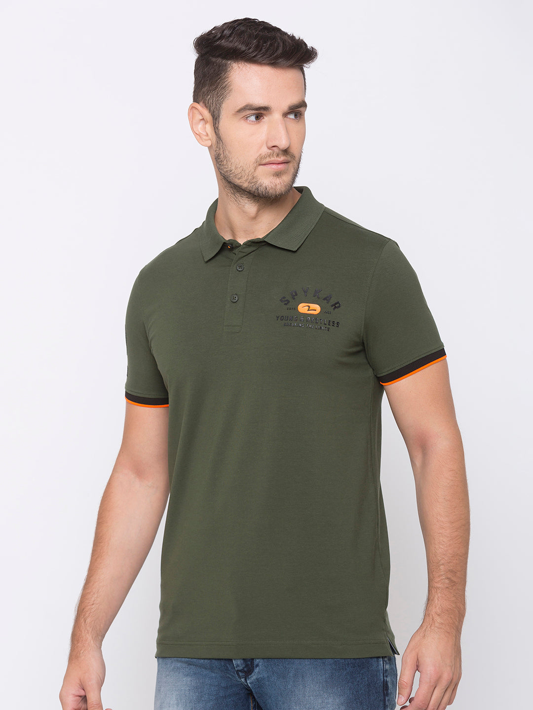 Spykar Men Green Cotton Slim Fit Polo T-Shirt