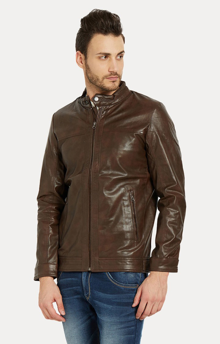 Spykar Men Brown Solid Slim Fit Leather Jacket