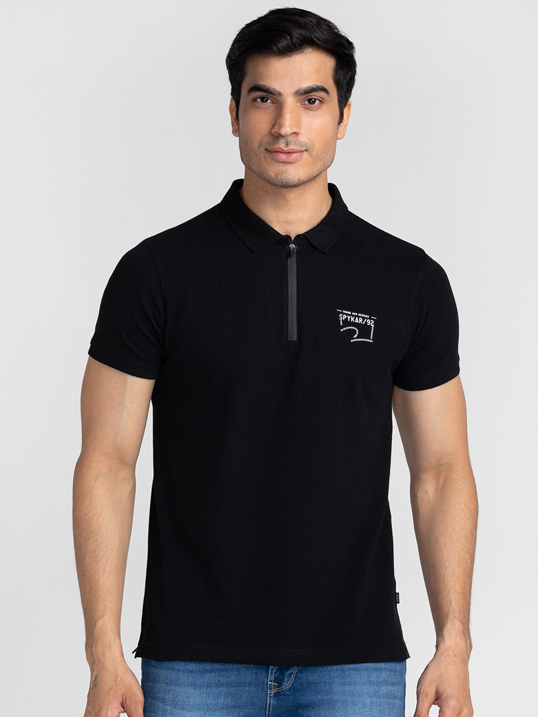 Spykar Men Black Cotton Slim Fit Polo Printed T-Shirt