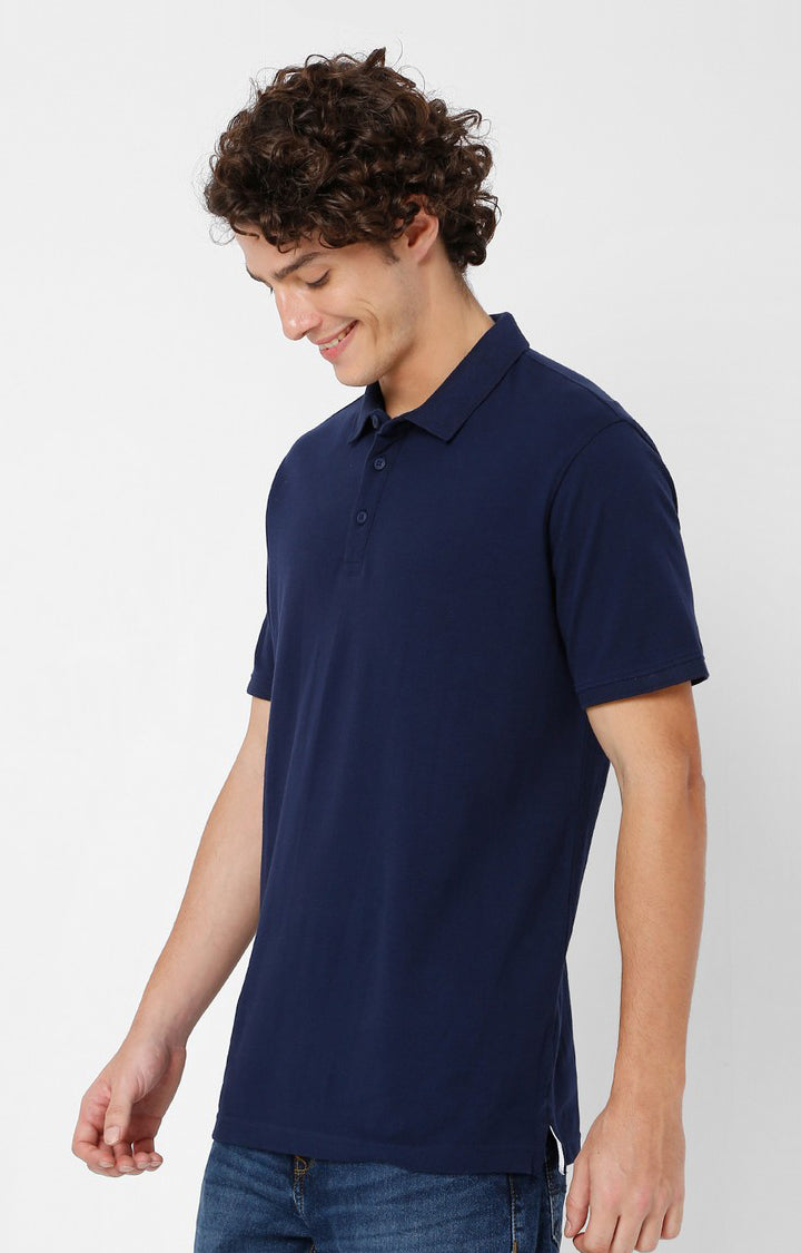 Spykar Men Blue Cotton Slim Fit Plain Polo T-Shirt