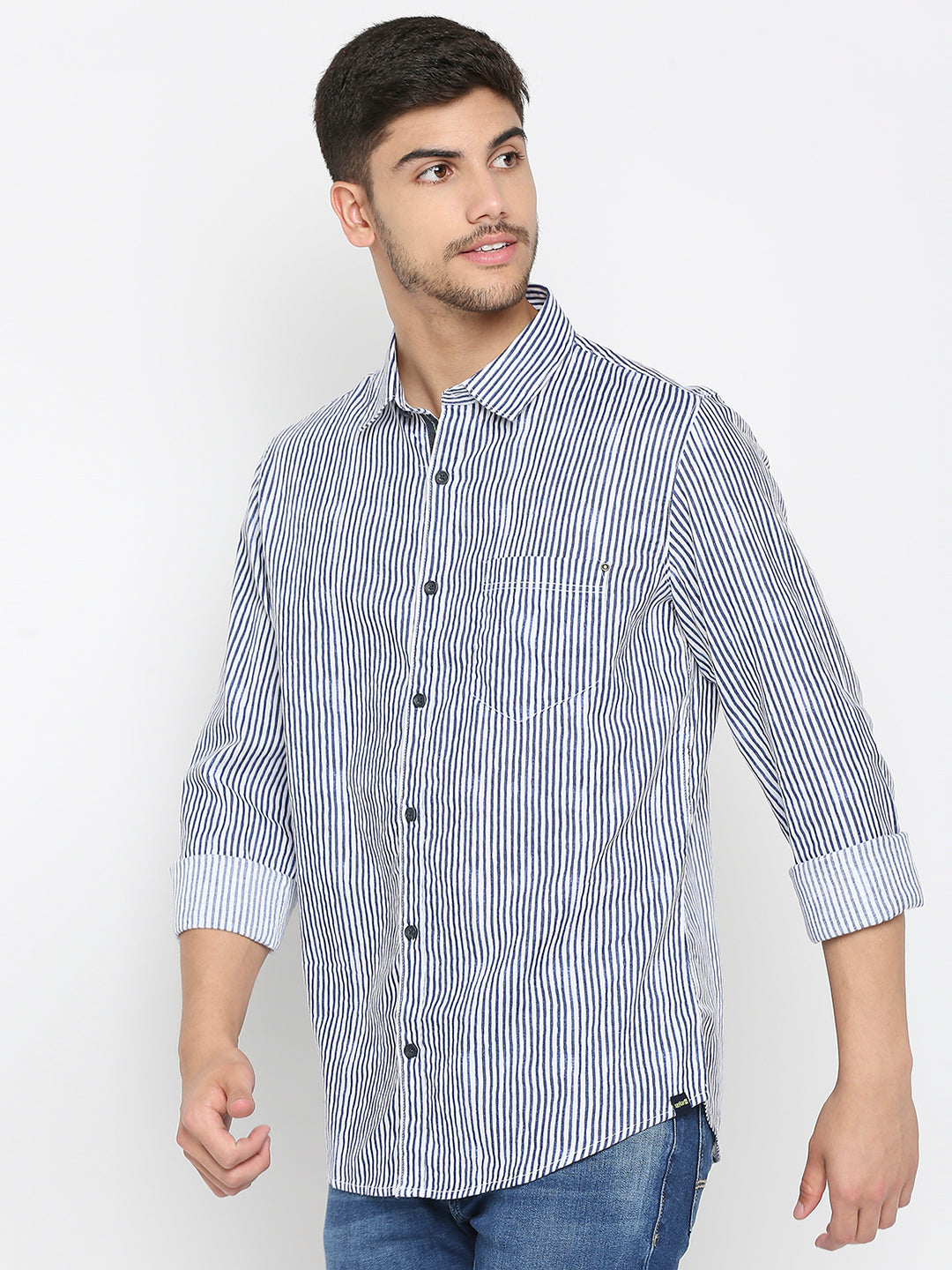 Spykar Indigo Blue Cotton Full Sleeve Stripes Shirt For Men