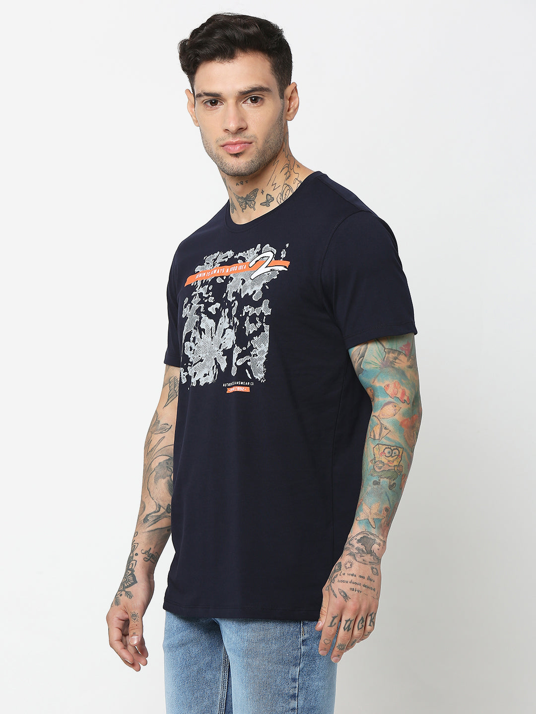 Spykar Men Navy Blue Cotton Slim Fit Round Neck Printed T-Shirt