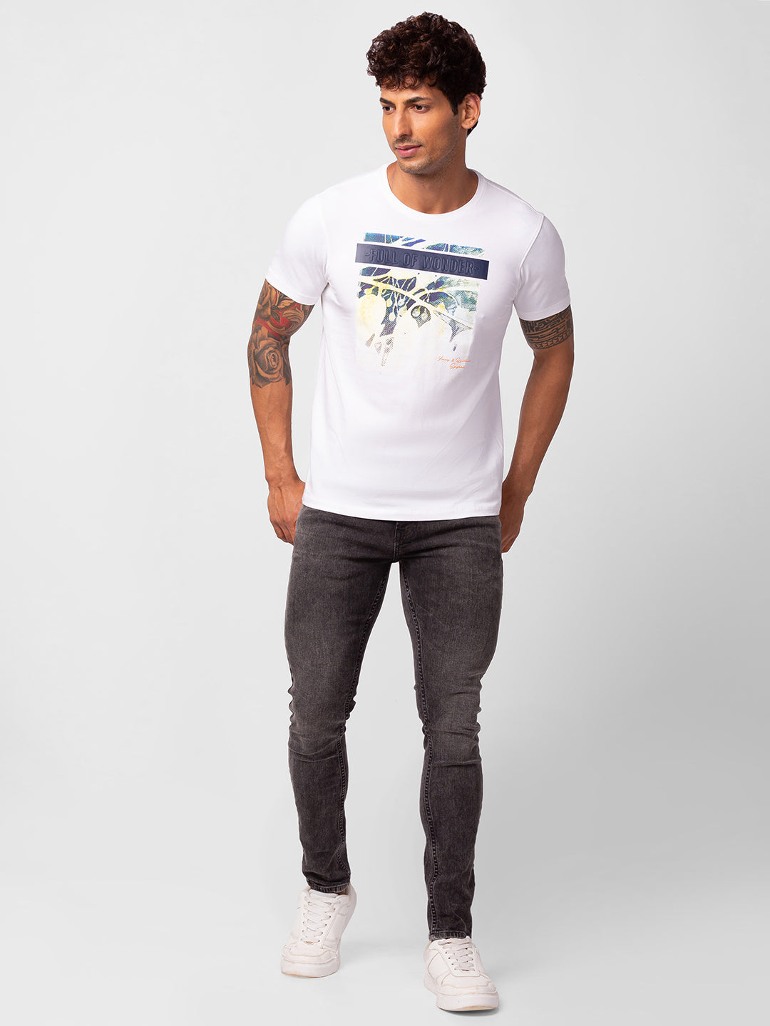 Spykar Men White Cotton Regular Fit Half Sleeve Printed T-Shirt