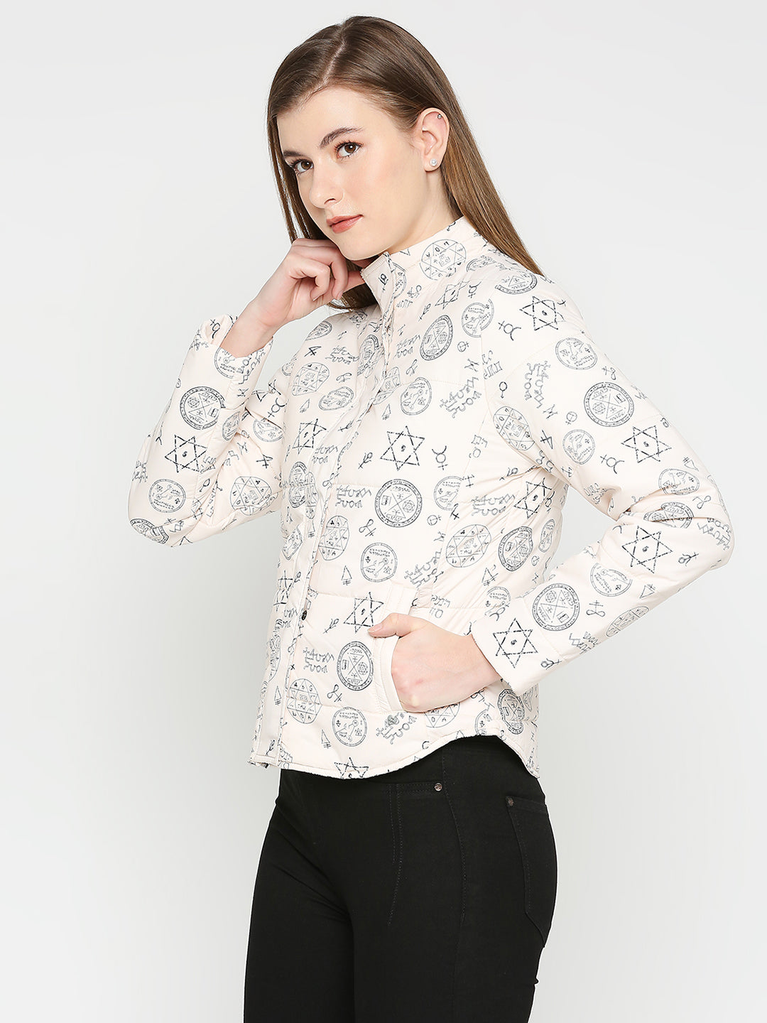 Spykar Women Ecru Nylon High Neck Printed Casual Jacket