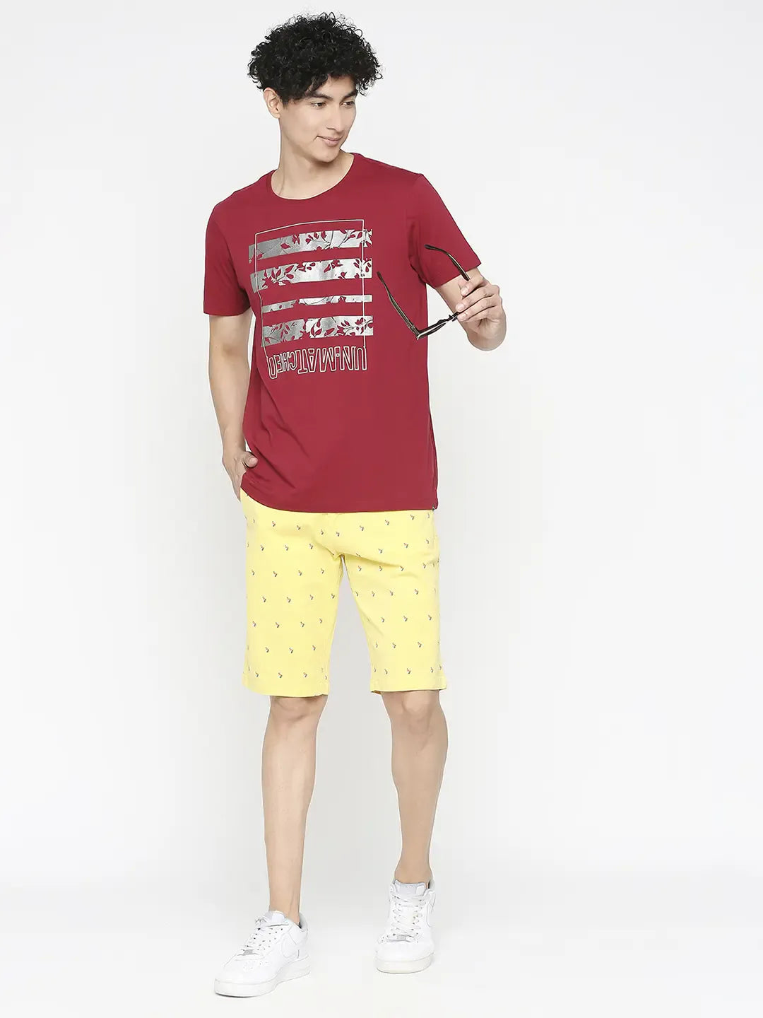 Spykar Men Lemon Yellow Cotton Slim Fit Printed Shorts