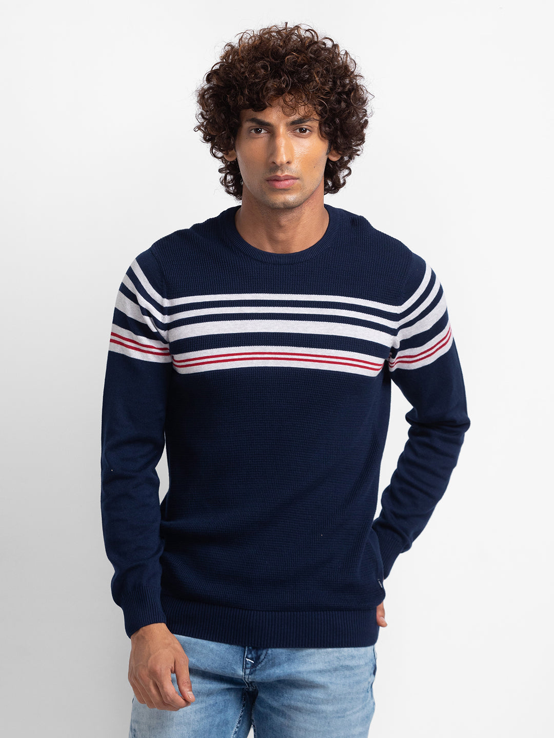 Spykar Navy Ash Melange Cotton Full Sleeve Casual Sweater For Men