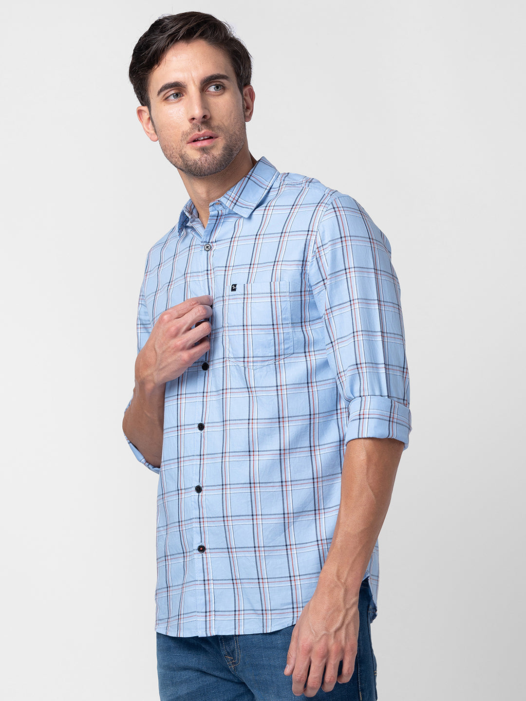 Spykar Men Sky Blue Cotton Regular Fit Checkered Shirts