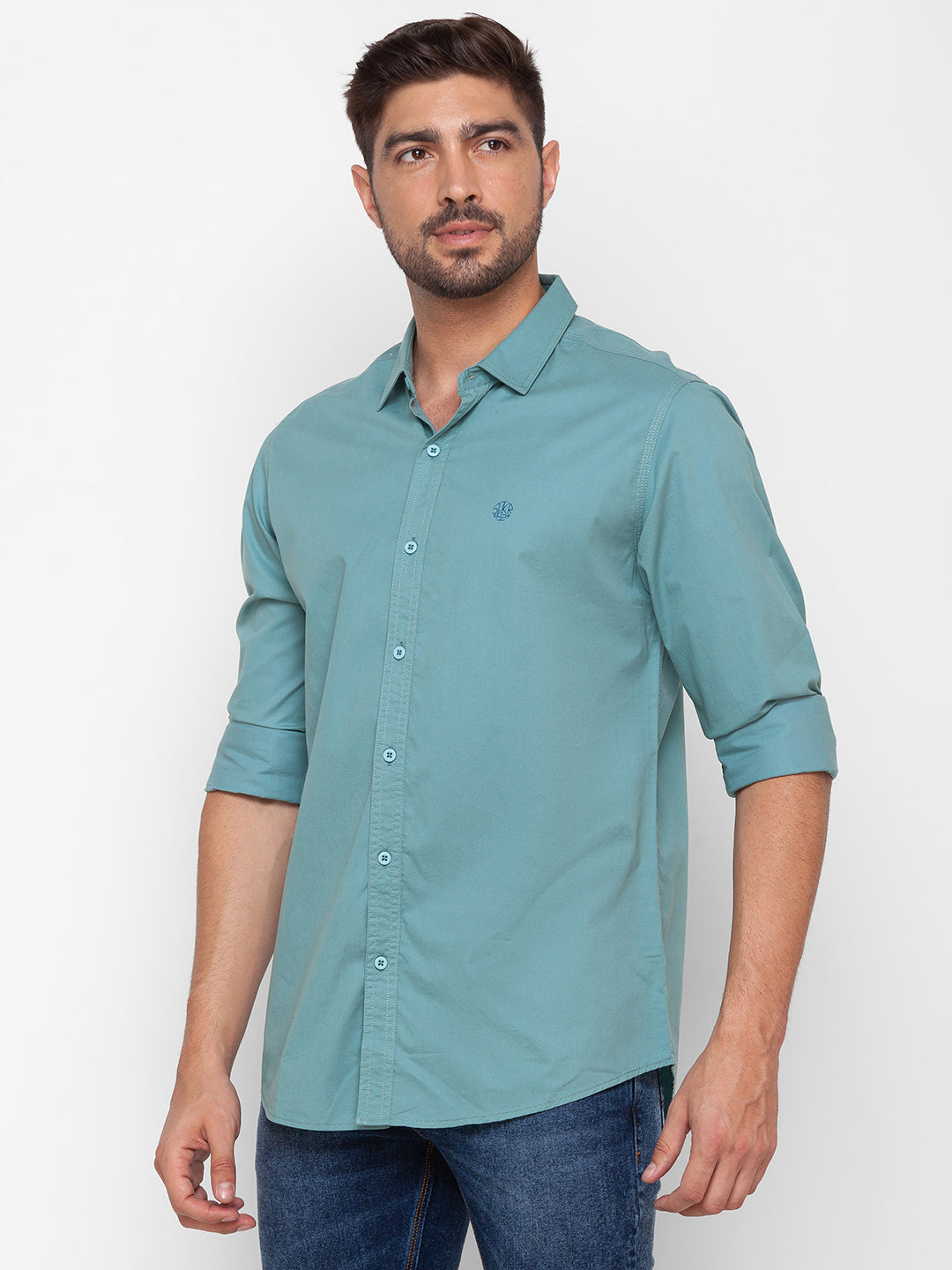 Spykar Sage Green Cotton Full Sleeve Plain Shirt For Men