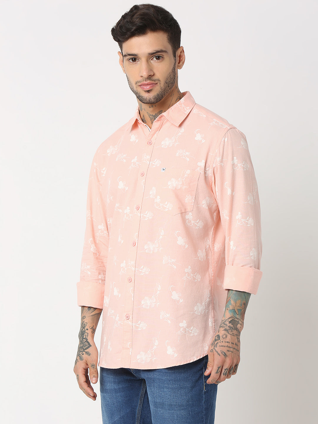 Spykar Men Peach Cotton Slim Fit Printed Shirts