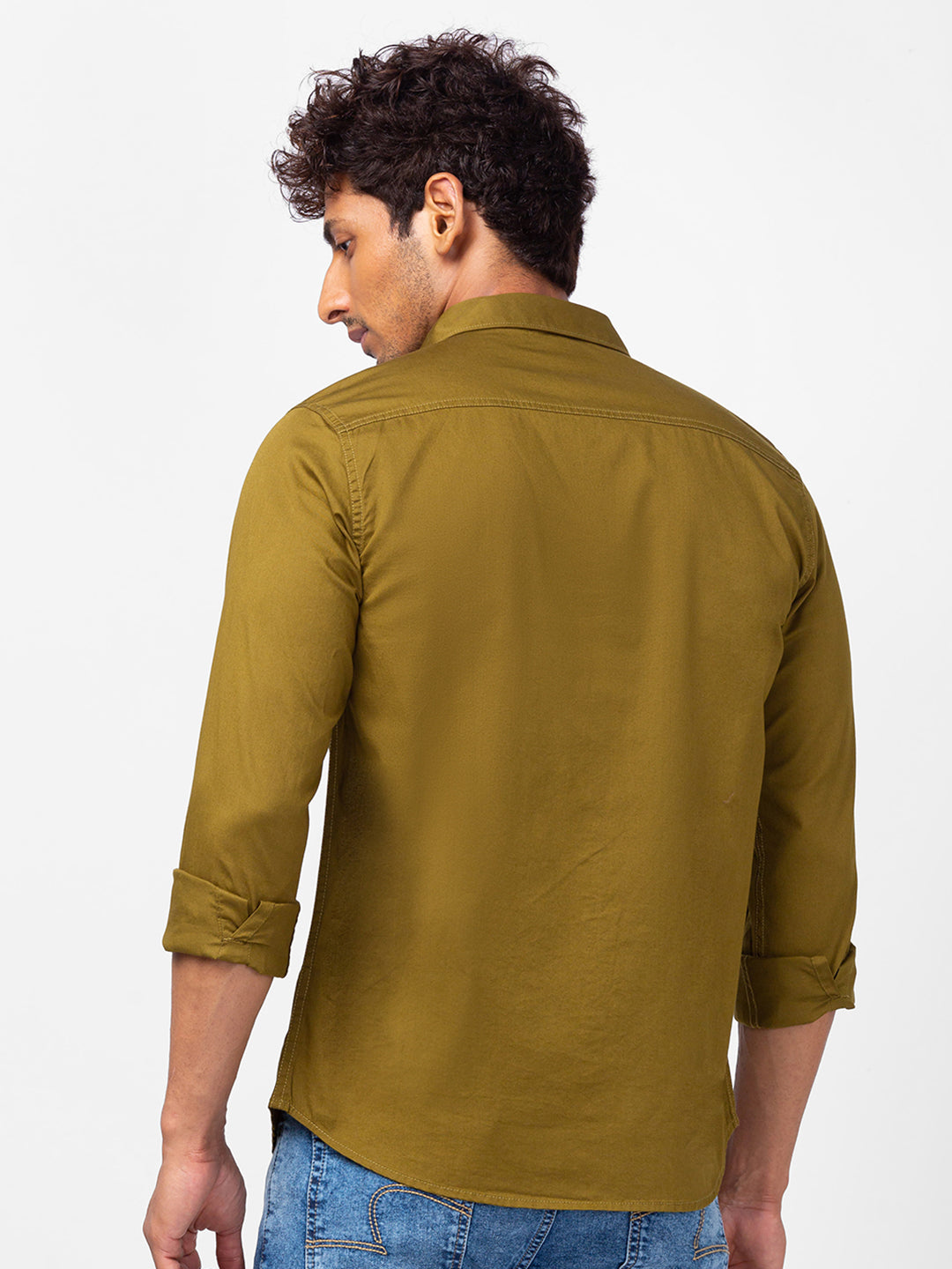 Spykar Men Military Green Cotton Slim Fit Plain Shirts