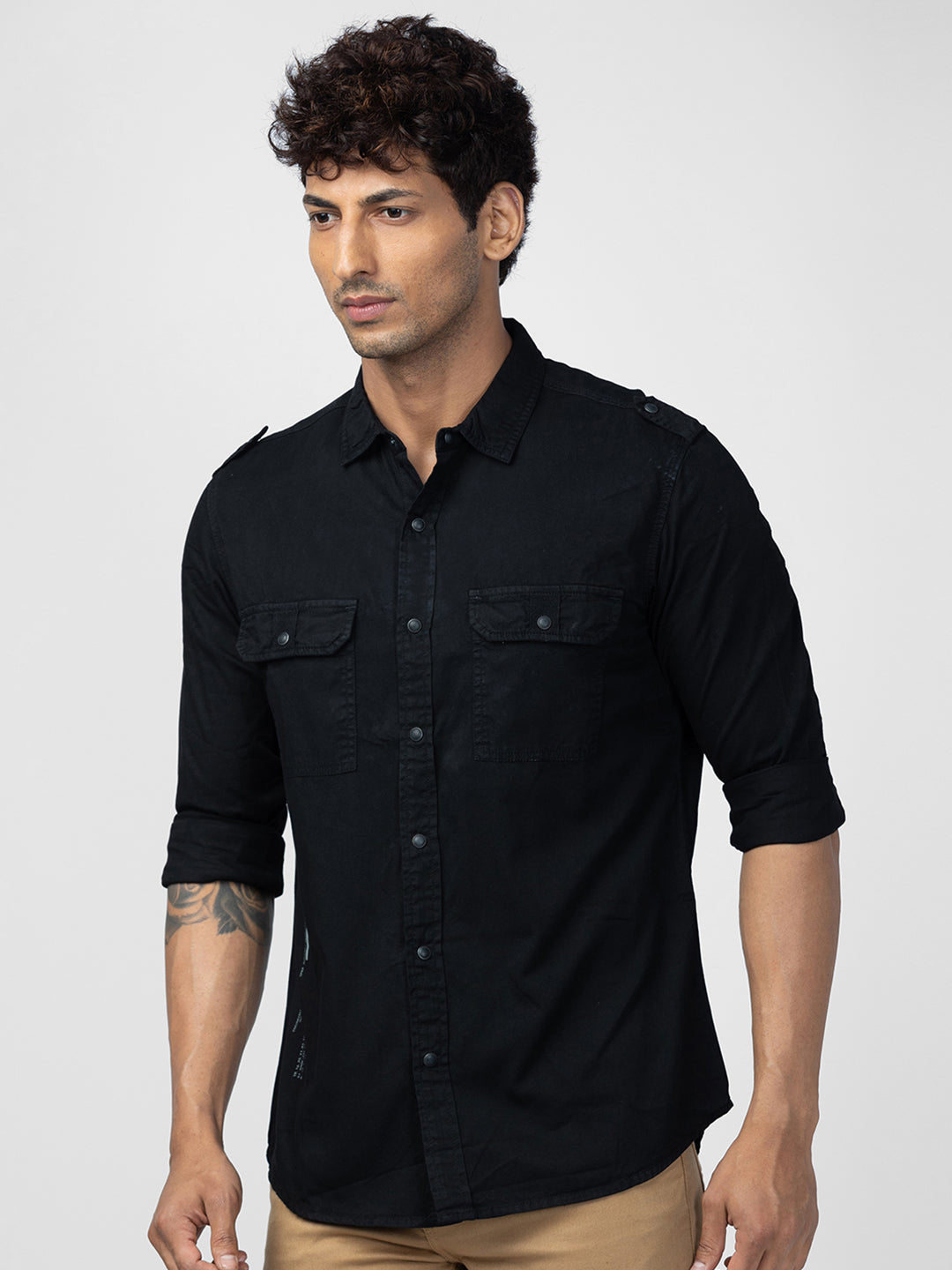 Spykar Men Black Cotton Slim Fit Plain Shirt