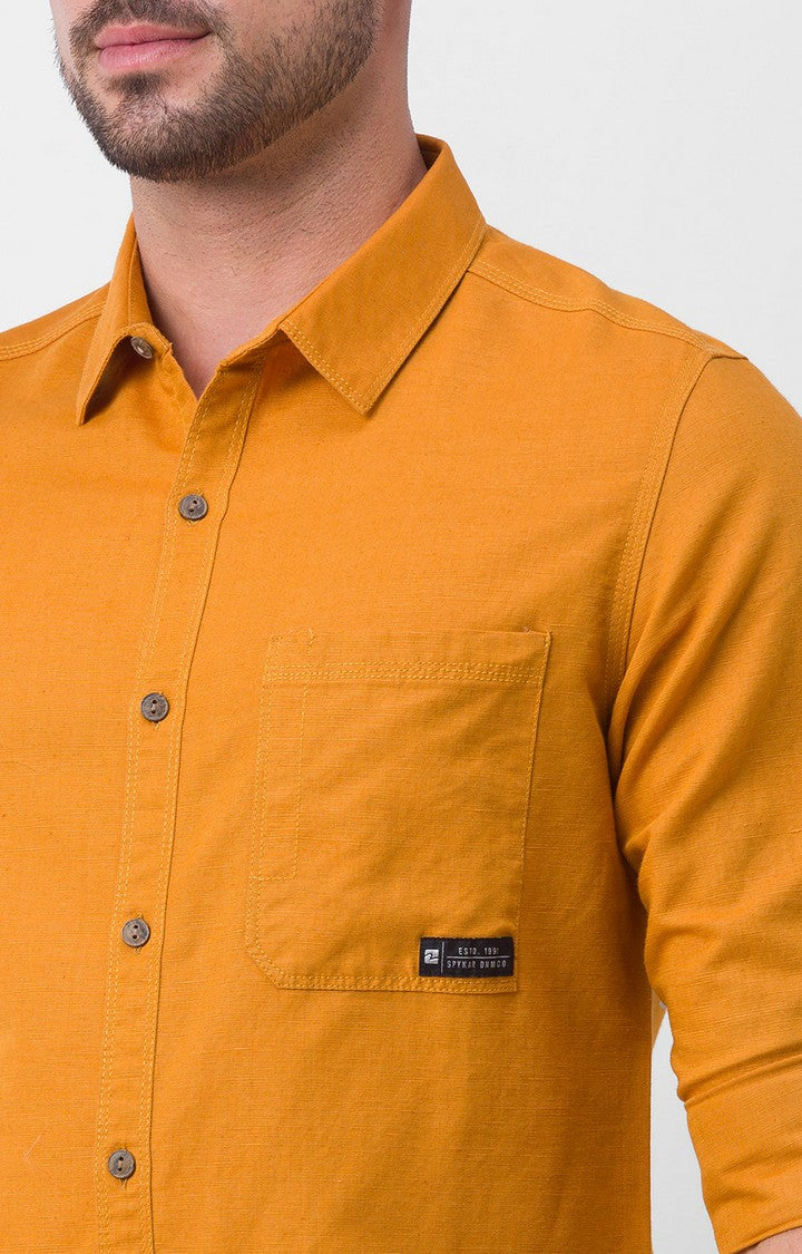 Spykar Mustard Yellow Cotton Full Sleeve Plain Shirt For Men