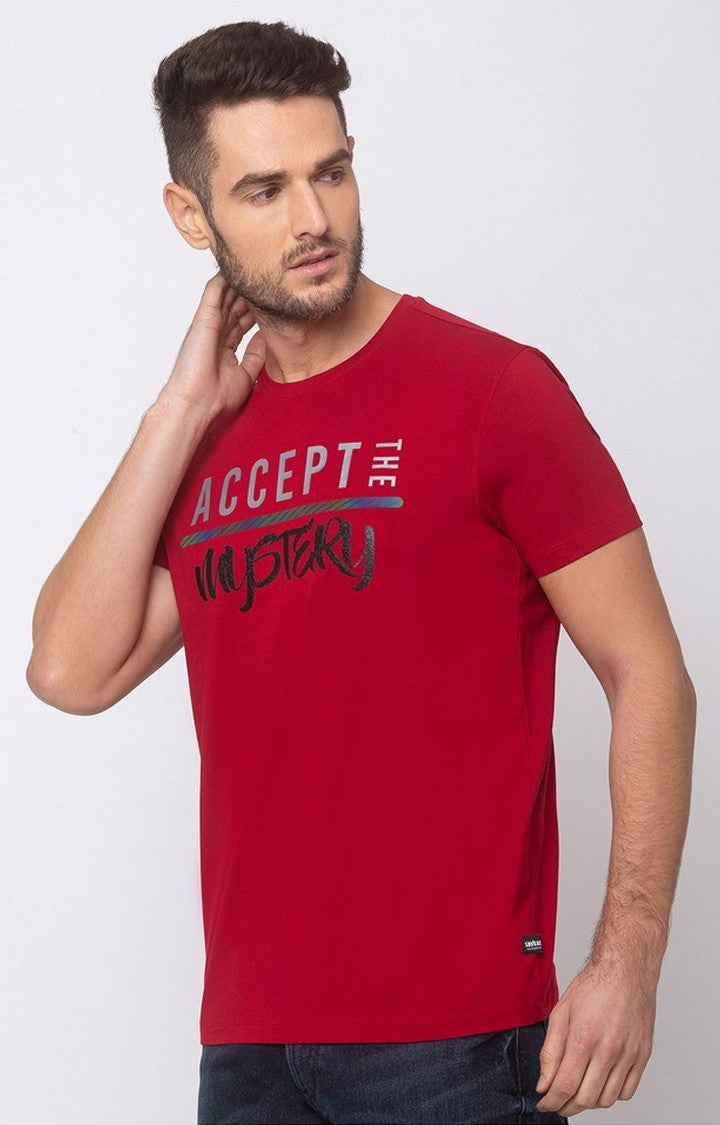 Spykar Red Cotton Slim Fit T-Shirt For Men