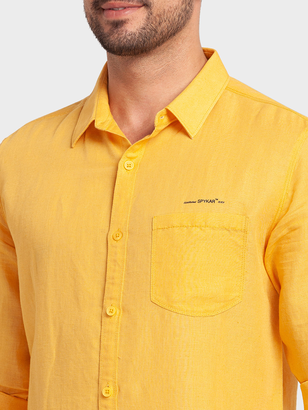 Spykar Chrome Yellow Cotton Full Sleeve Plain Shirt For Men