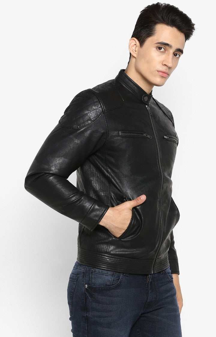 Spykar Men Black Printed Slim Fit Leather Jacket