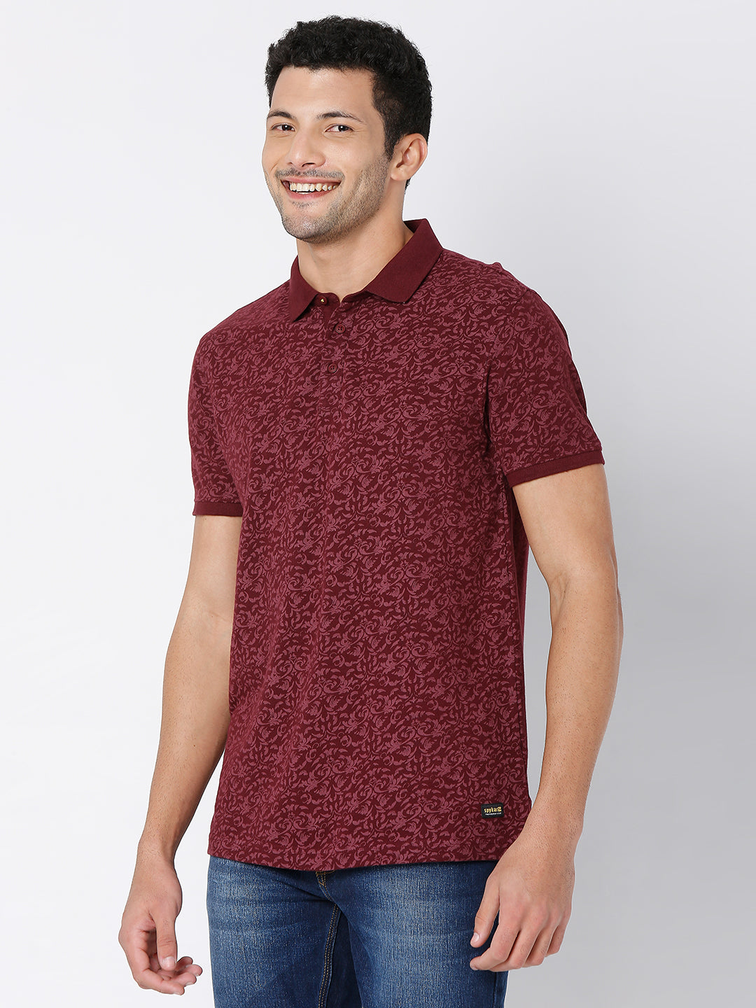 Spykar Men Wine Cotton Slim Fit Printed Polo Tshirt