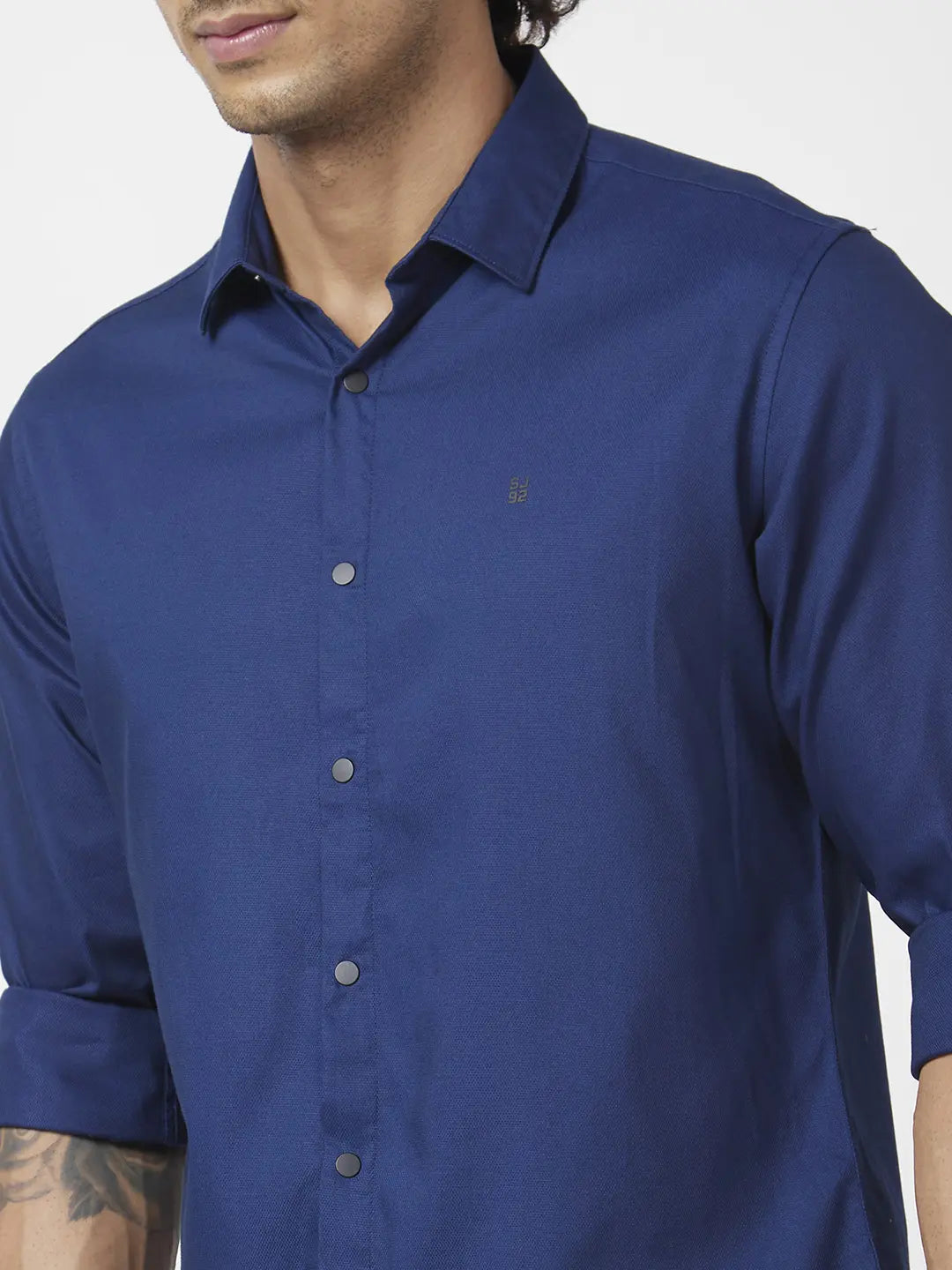 Spykar Men Indigo Blue Cotton Slim Fit Full Sleeve Plain Shirt