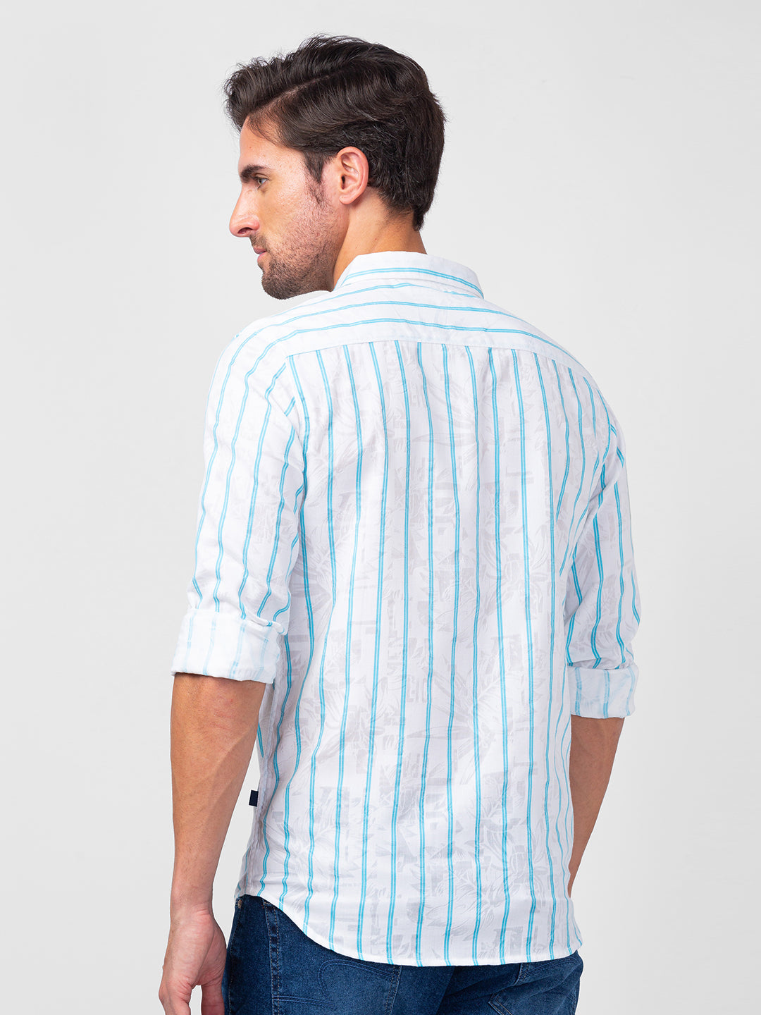 Spykar Men Cool Blue Cotton Slim Fit Striped Shirt