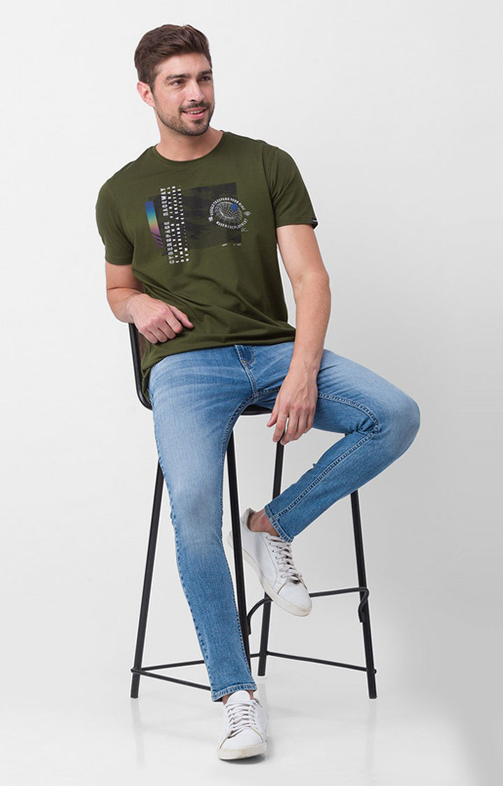 Spykar Rifle Green Cotton Half Sleeve Printed Casual T-Shirt For Men