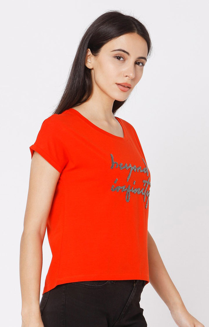 Spykar Women Orange Cotton Slim Fit Printed T-Shirt