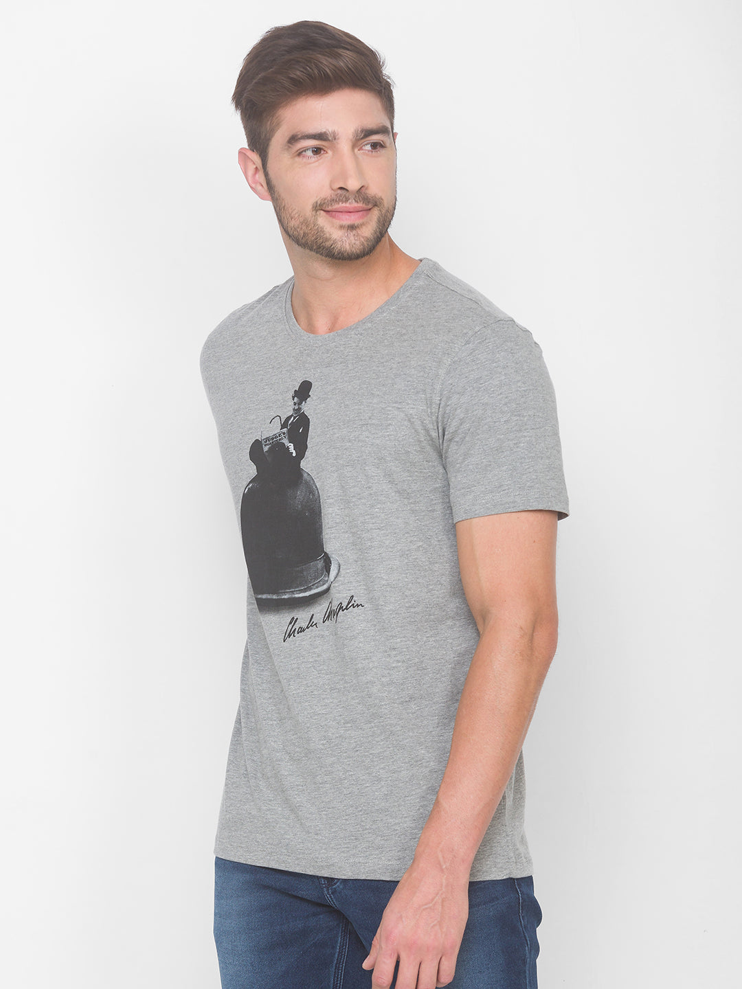 Charlie Chaplin Spykar Men Grey Cotton Slim Fit Round Neck T-Shirt