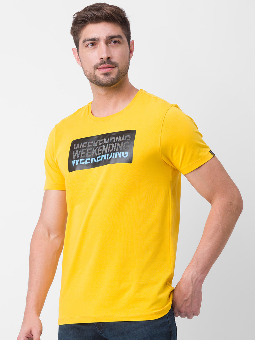 Spykar Chrome Yellow Cotton Half Sleeve Printed Casual T-Shirt For Men