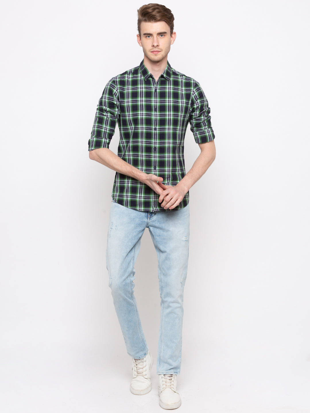 Spykar Men Blue & Green Checked Slim Fit Casual Shirt