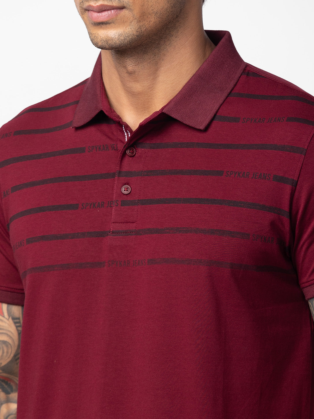 Spykar Men Wine Cotton Regular Fit Half Sleeve Printed Polo T-Shirt