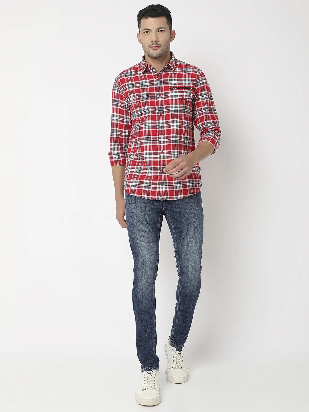 Spykar Men Red Cotton Slim Fit Checkered Shirt