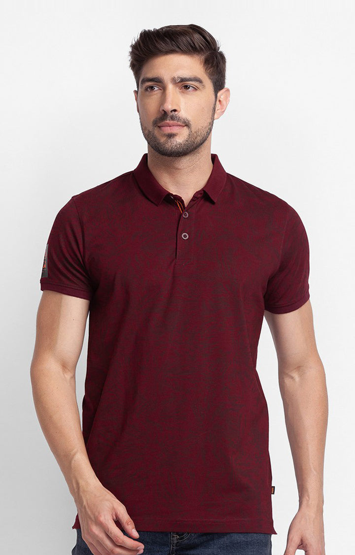 Spykar Wine Cotton Half Sleeve Printed Casual Polo T-Shirt For Men