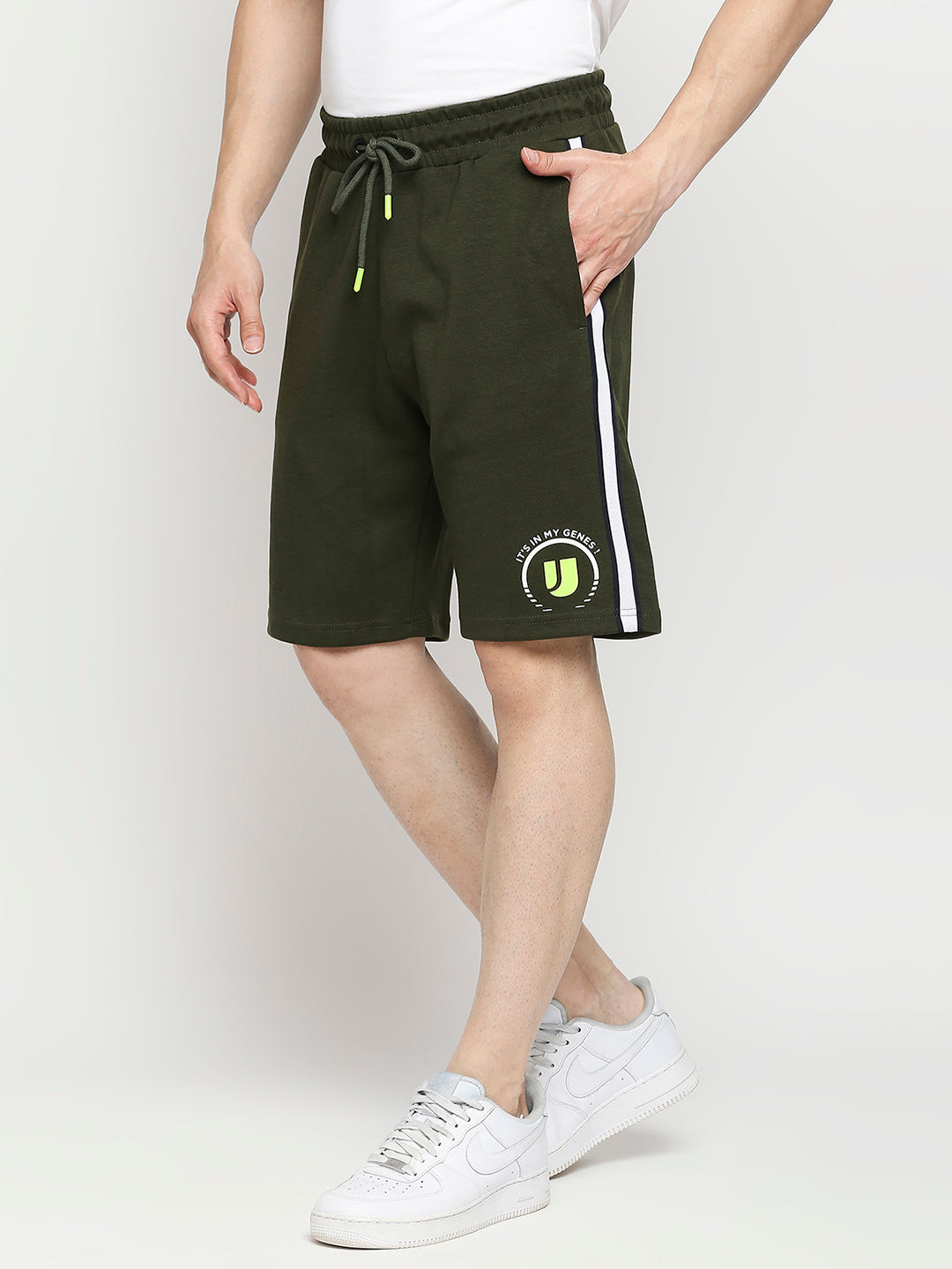 Men Cotton Blend Knitted Rifle Green Shorts- Underjeans by Spykar