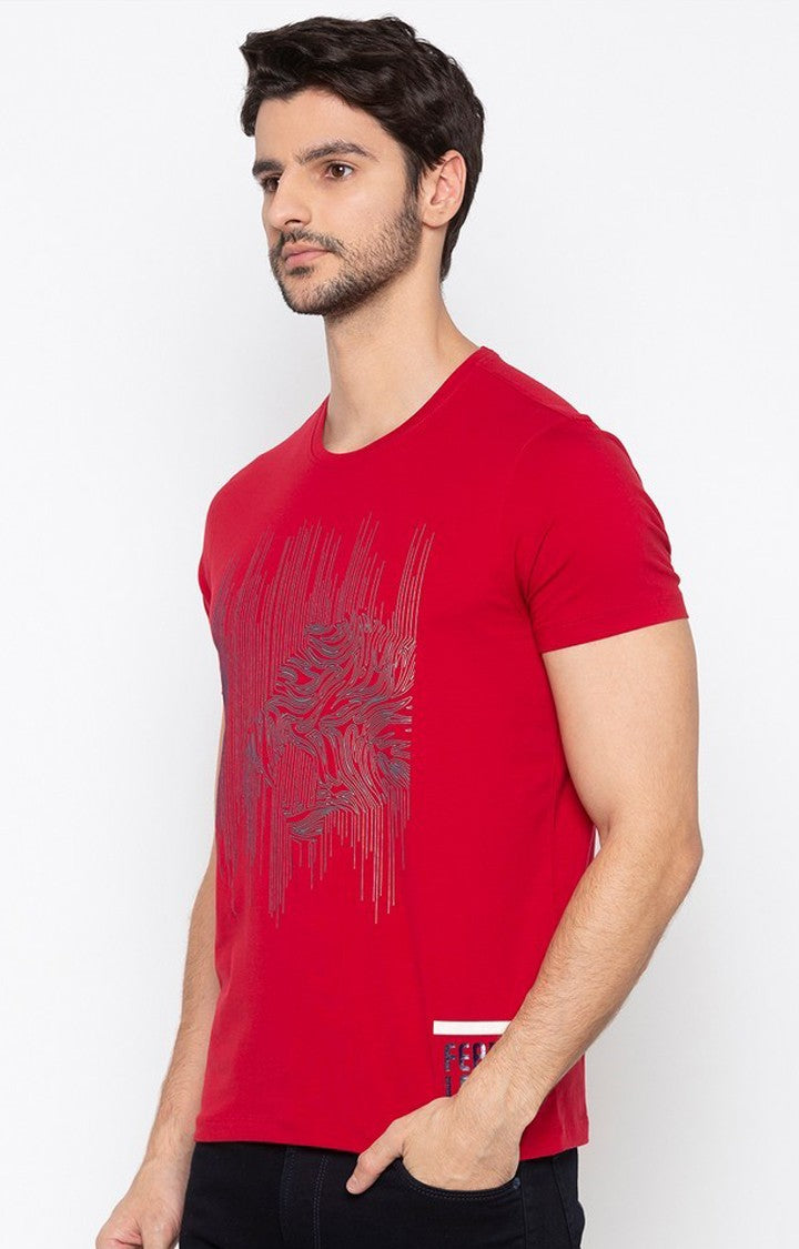 Spykar Red Cotton Slim Fit T-Shirt For Men