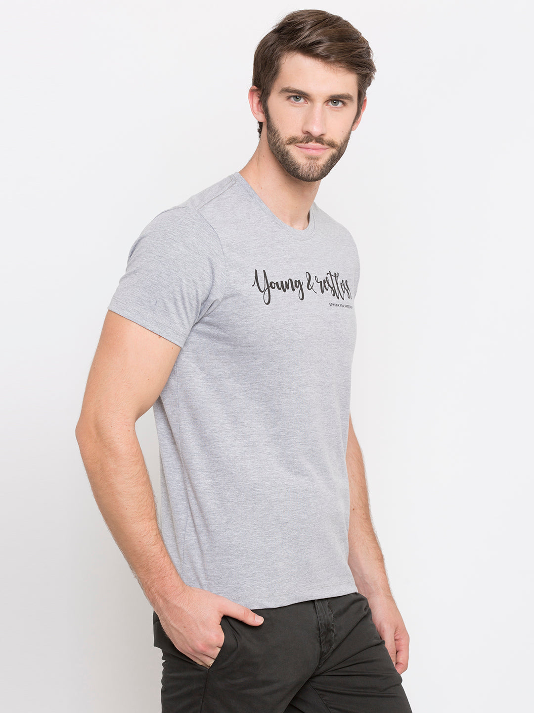 Spykar Men Grey Cotton Slim Fit Round Neck T-Shirt