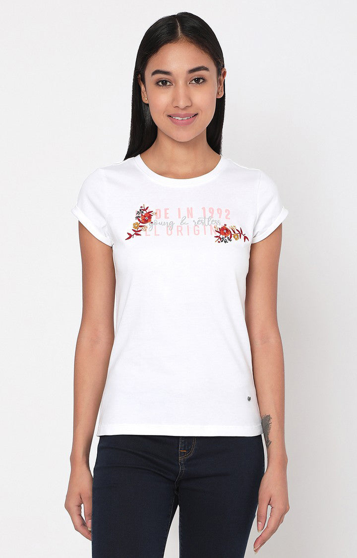 Spykar Women White Cotton Slim Fit Round Neck Crop T-Shirts