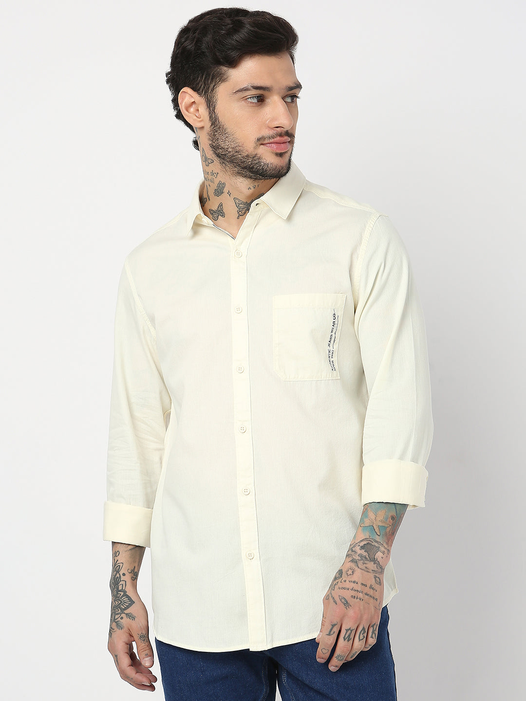 Spykar Men Off White Cotton Slim Fit Plain Shirts