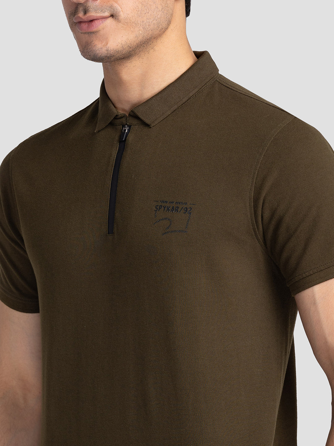 Spykar Men Olive Green Cotton Slim Fit Polo Printed T-Shirt