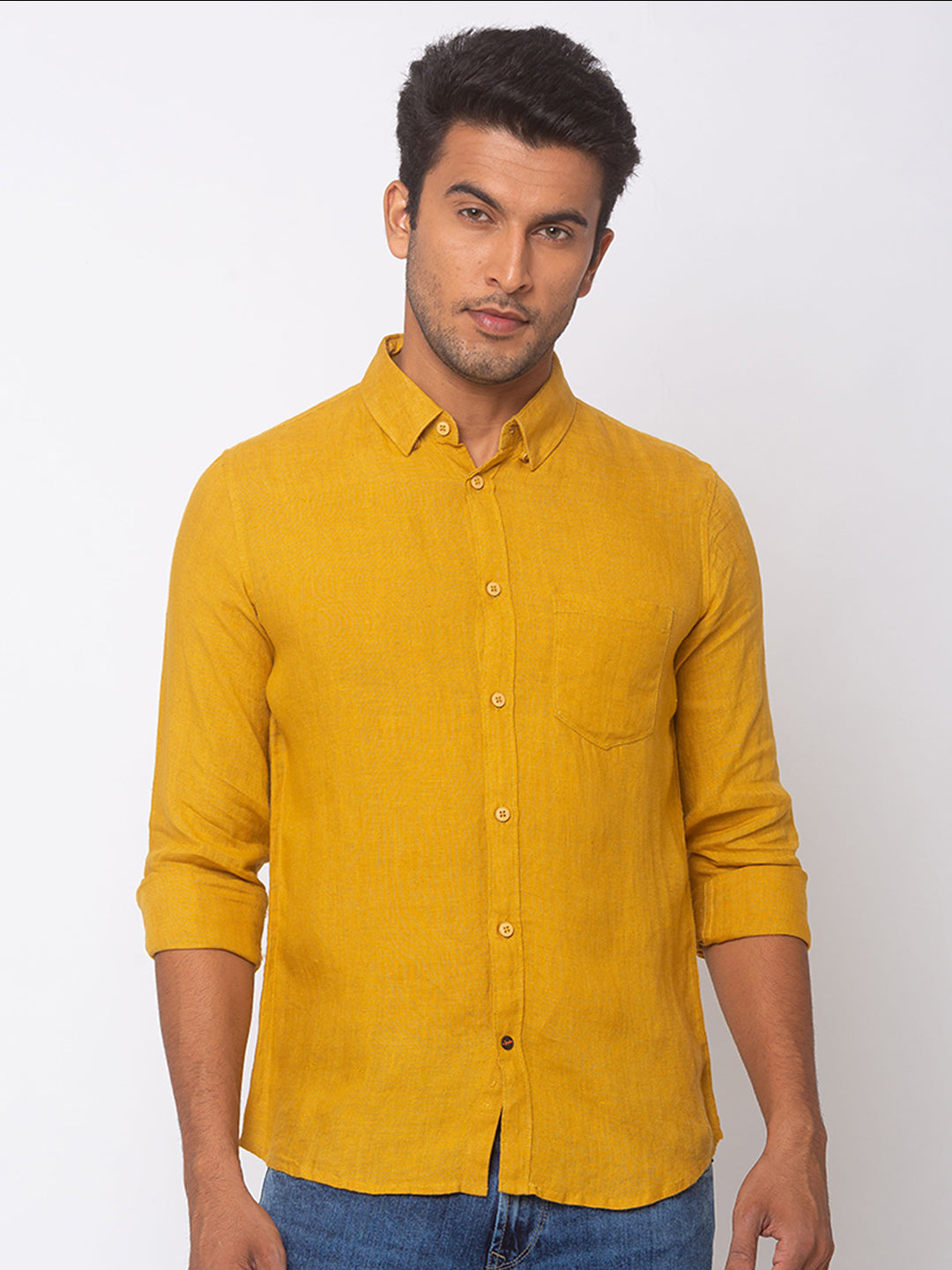 Spykar Men Mustard Yellow Linen Slim Fit Shirt