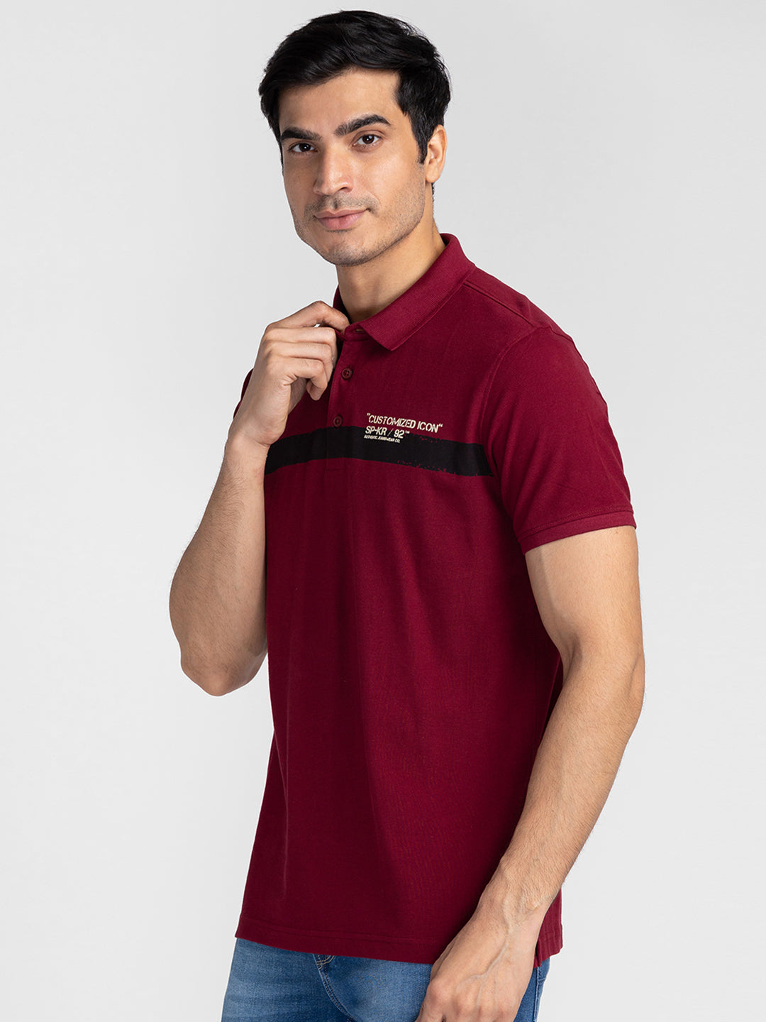 Spykar Men Berry Red Cotton Slim Fit Polo Printed T-Shirt