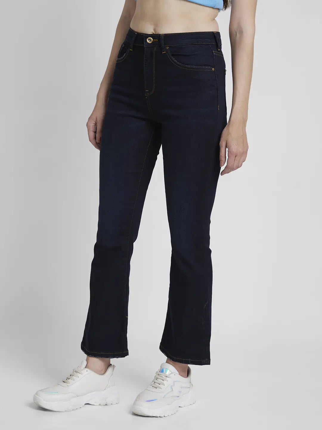 Spykar Women Dark Blue Lycra Bootcut Fit Ankle Length Clean Look Jeans -(Elissa)