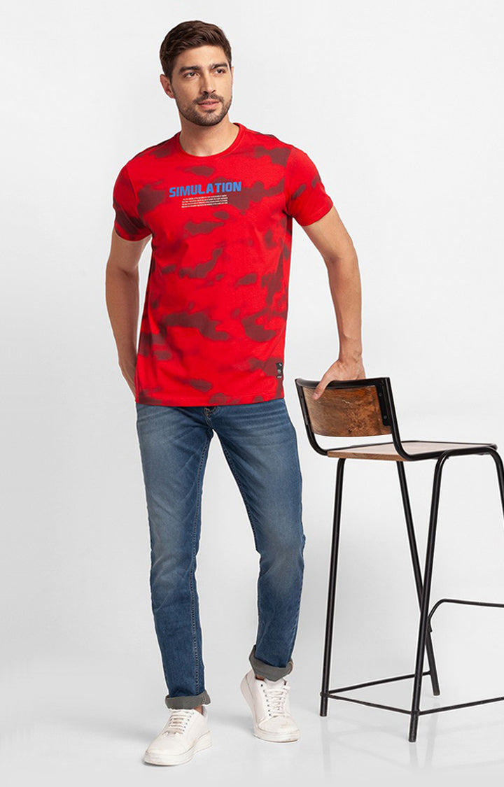 Spykar True Red Cotton Half Sleeve Printed Casual T-Shirt For Men