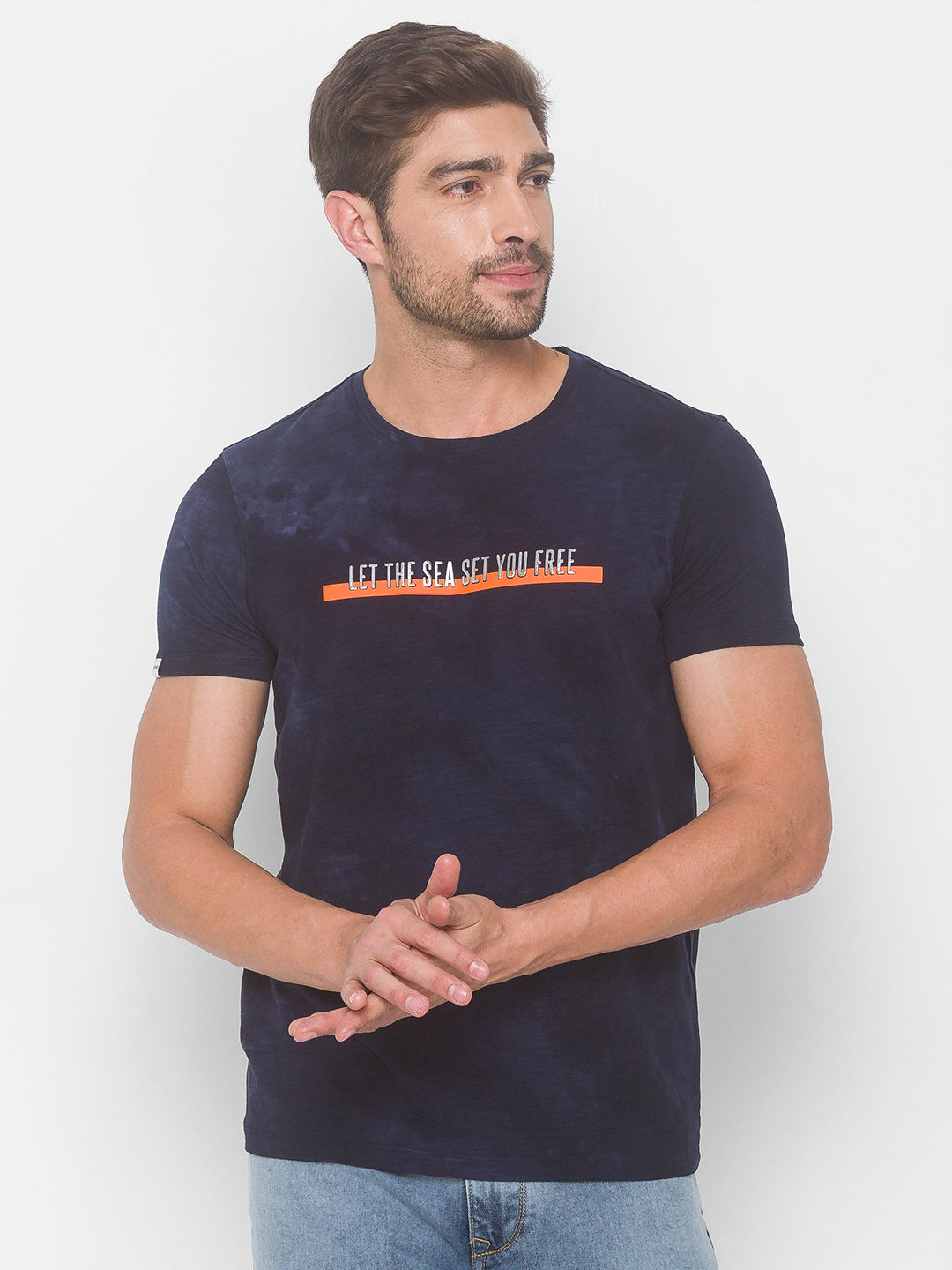 Spykar Men Blue Cotton Slim Fit Round Neck T-Shirt