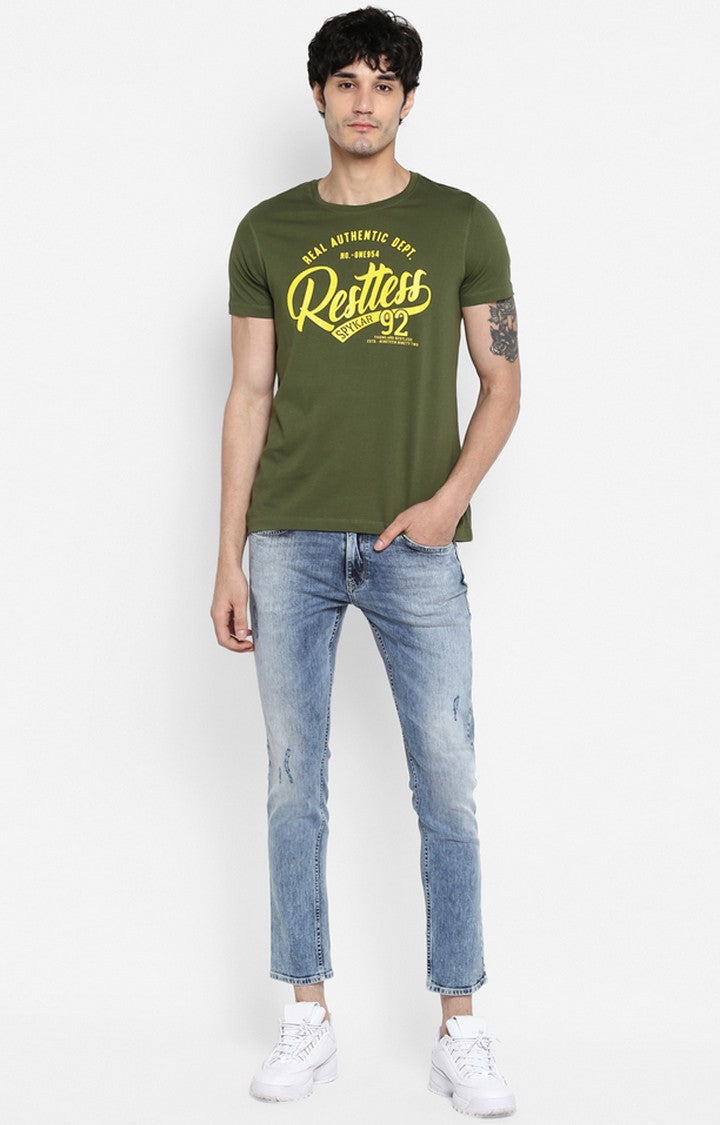 Spykar Olive Green Printed Slim Fit Men T-Shirts